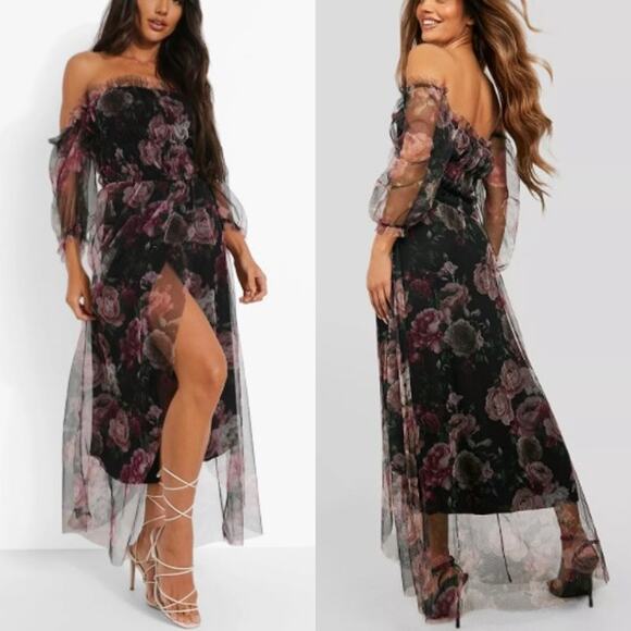 NWT Boohoo Off The Shoulder Mesh Floral Ruched Maxi Dress Black Womens Size 10 - Picture 1 of 11